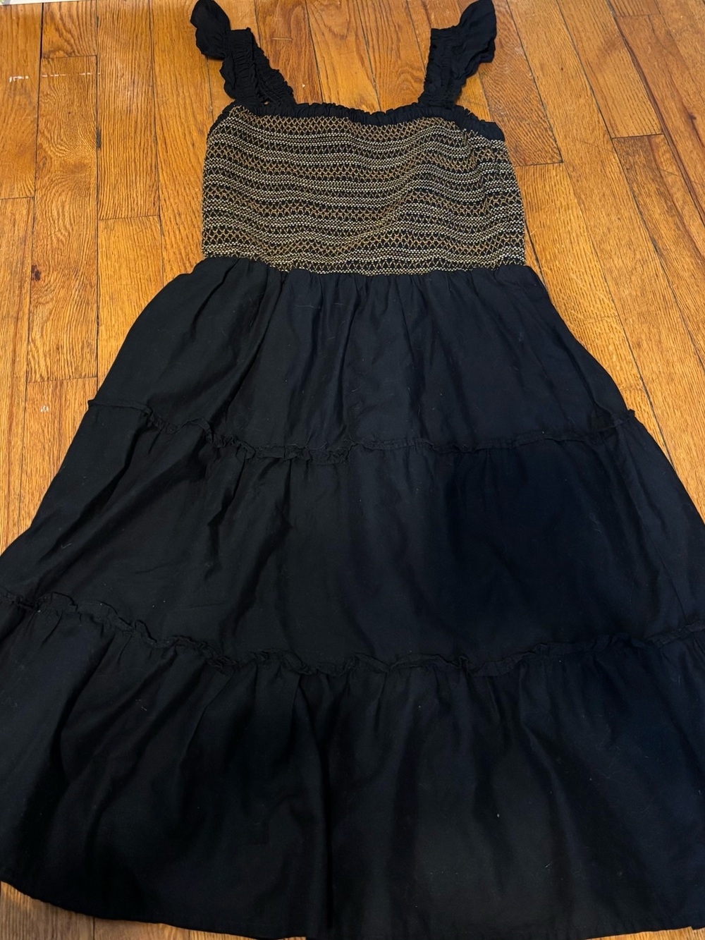 Black Tiered Sundress with Smocked Gold-Detail Bodice xxs